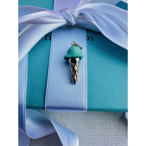 Tiffany & Co. BLUE Enamel Ice Cream Cone Charm Pendant Silver - Picture 2 of 6